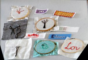 Quaker Stitch workshop at Merseyside Expressive Stitchers Group with Kim Parkman. Selection of students samples.